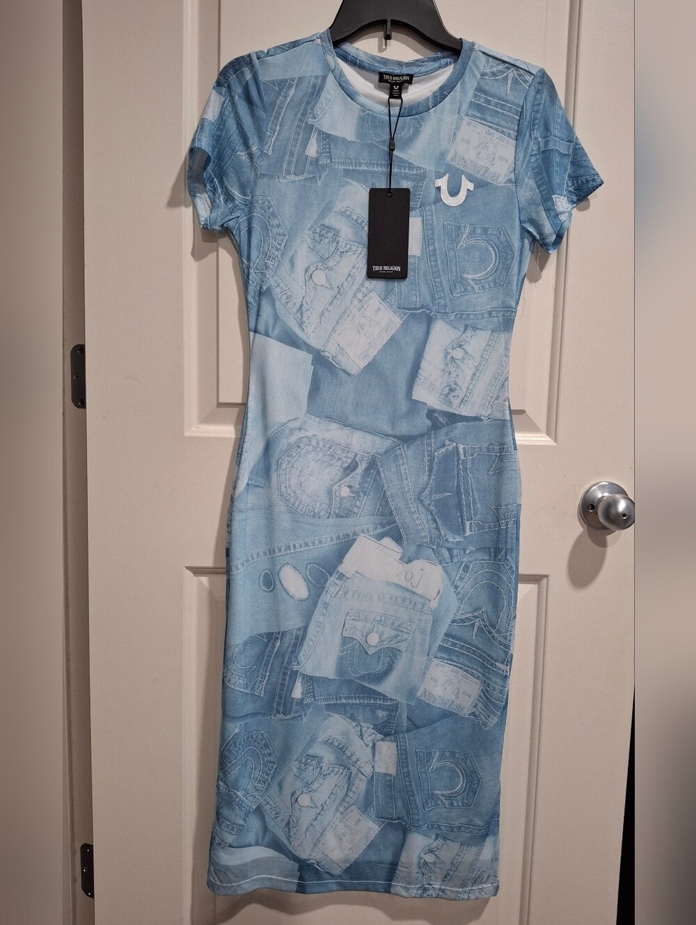 True Religion Light Blue Denim-Print Midi Dress Size M NWT